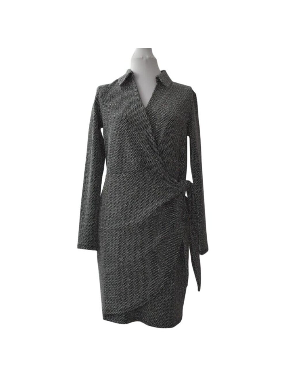 Michael Kors Silver Metallic Faux Wrap Dress M Black Shimmer Cocktail Holiday
